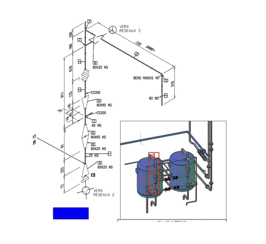 Plan isométrique PID coté avec vue BIM en coupe d'un local technique et cuves
