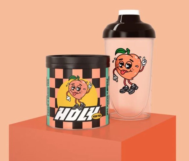 Pot et gourde Holy Iced Tea saveur pêche avec mascotte pêche illustrée
